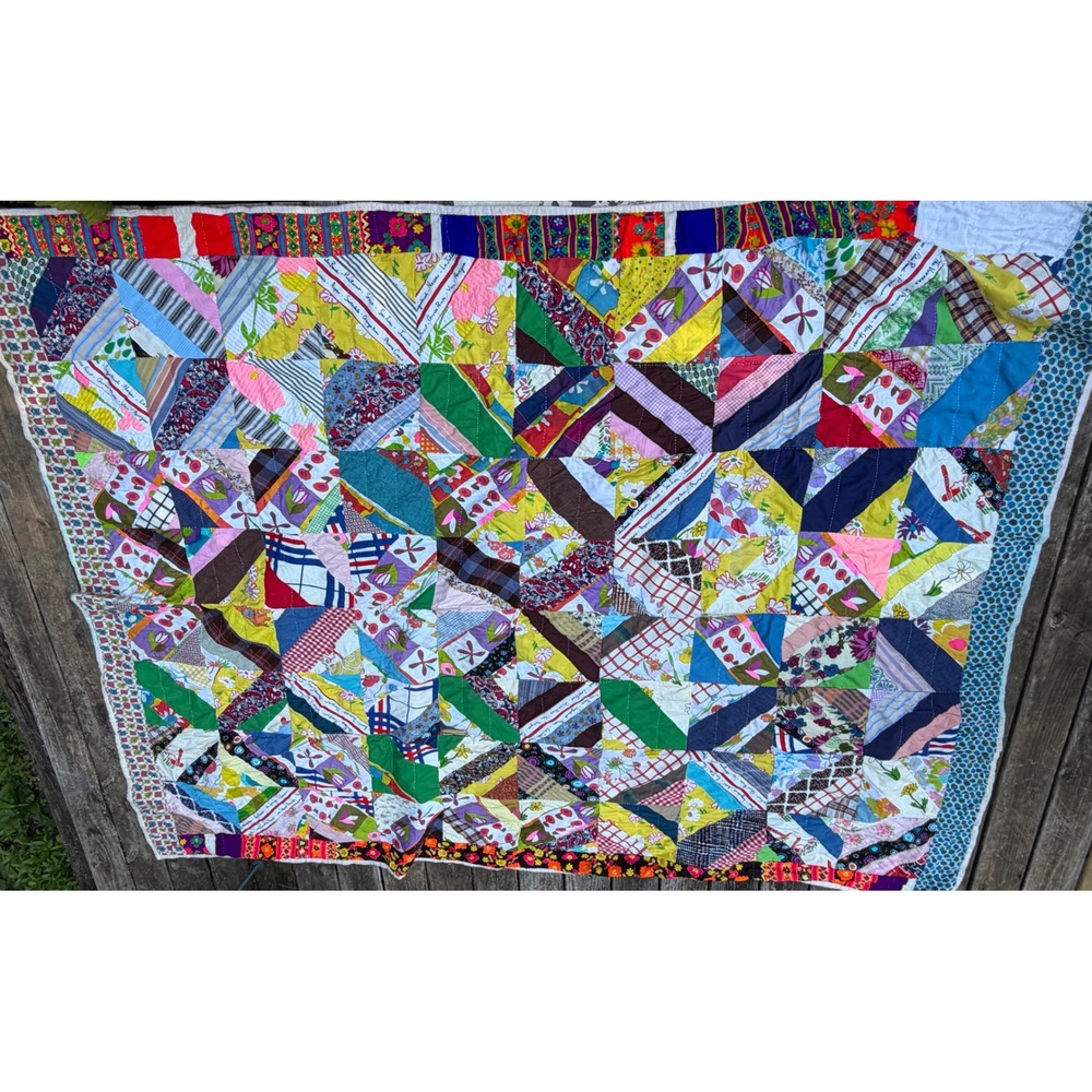 Vintage Handmade Crazy Quilt Patchwork Multi Color Mixed Pattern Folk Art Throw